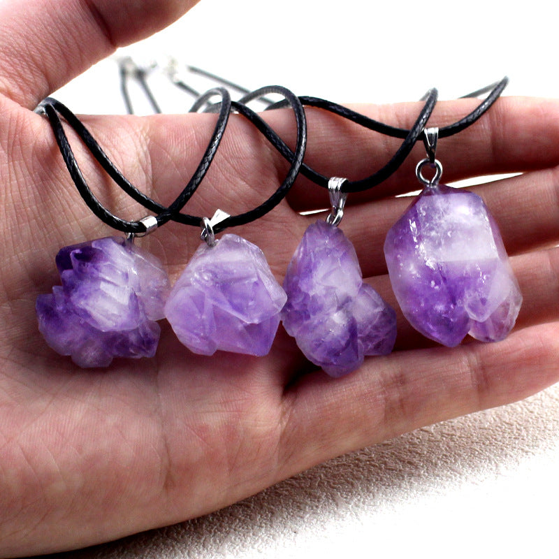 1pc Amethyst Healing Natural Stone Irregularity Crystal Silver Chain Necklace Charms Pendant Necklace