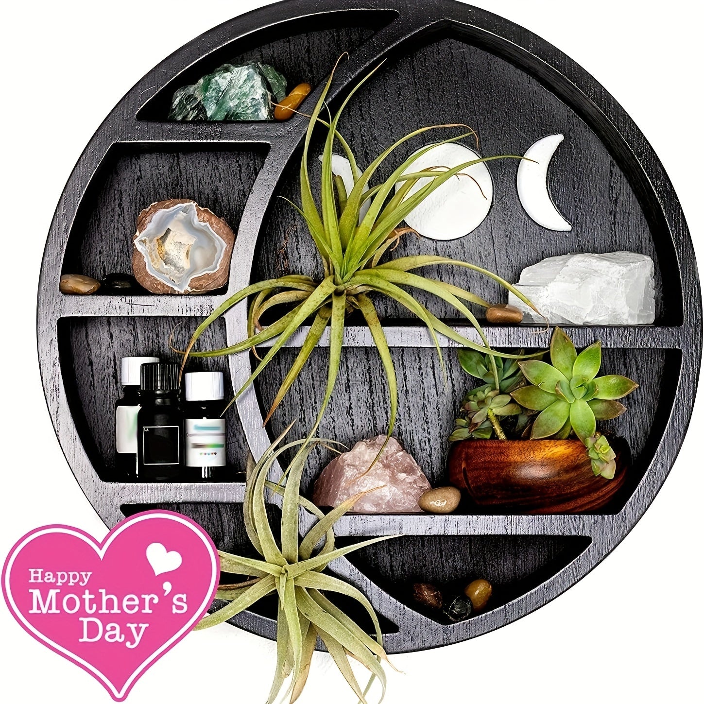 1pc Crescent Moon Shelf For Crystal Stones, Essential Oils, Small Plants And Art, Crystal Display Shelf, Gothic Wall Decor, Rustic Boho Shelves, Wooden Hanging Floating Shelf (Black)