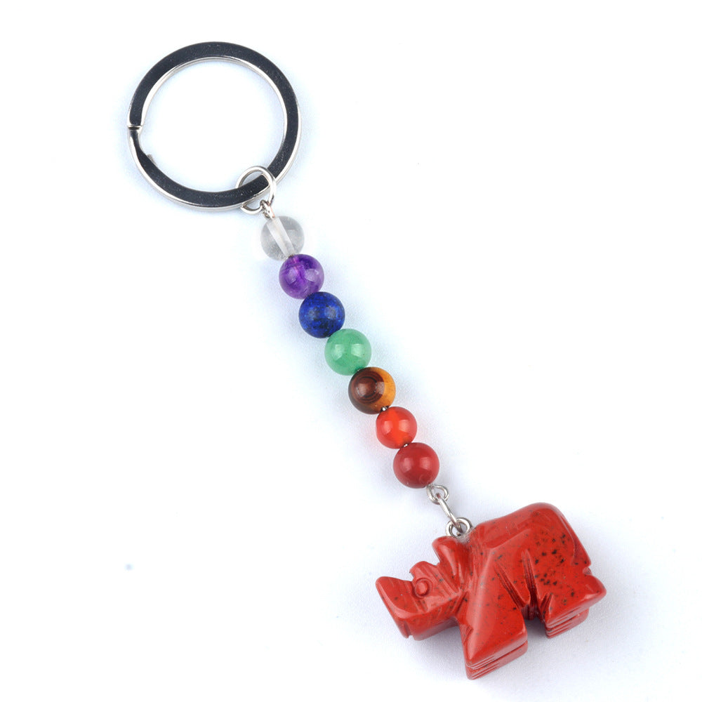 1960-Colorful crystal stone rhinoceros keychain, chakra jewelry pendant, small animal keychain pendant