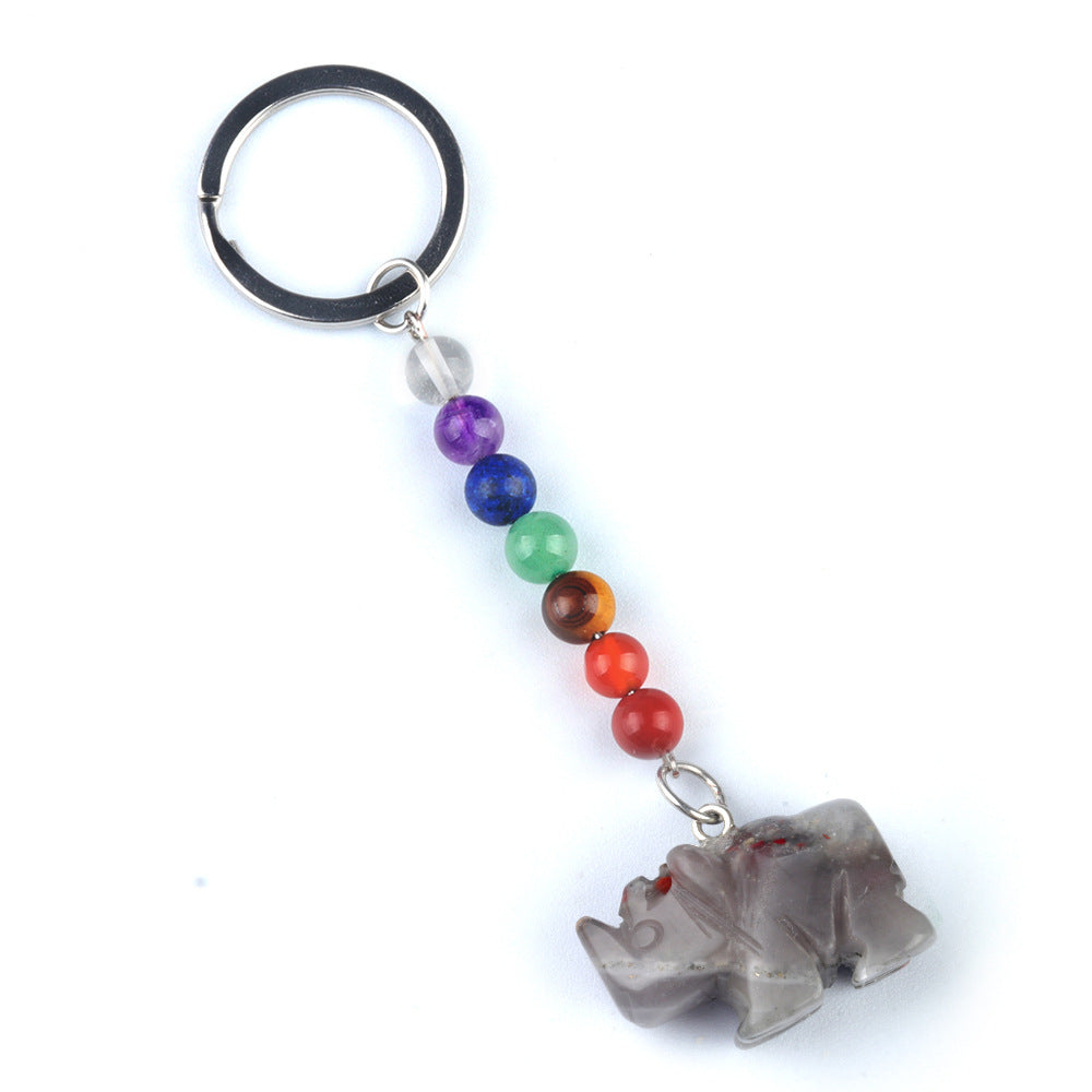 1960-Colorful crystal stone rhinoceros keychain, chakra jewelry pendant, small animal keychain pendant