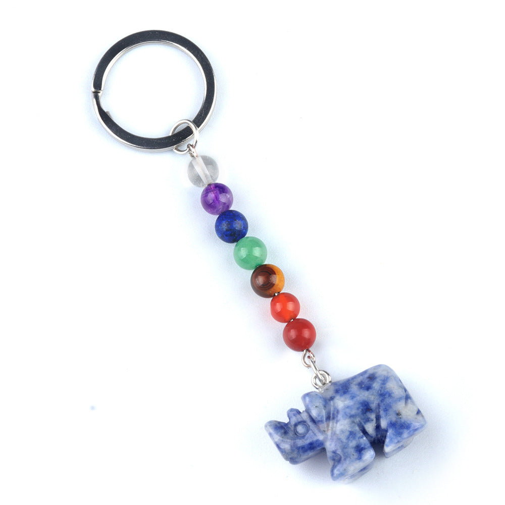 1960-Colorful crystal stone rhinoceros keychain, chakra jewelry pendant, small animal keychain pendant