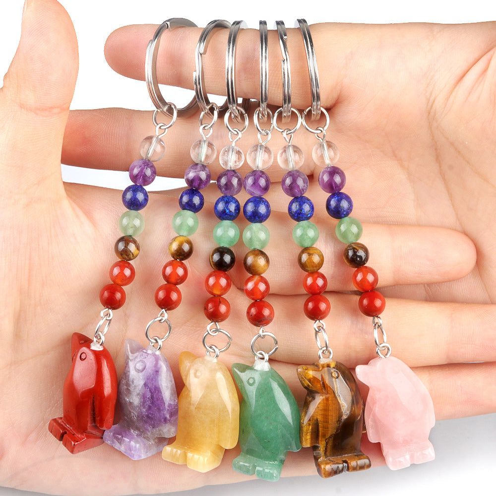 1961-Colorful crystal stone penguin keychain, chakra jewelry pendant, small animal keychain pendant