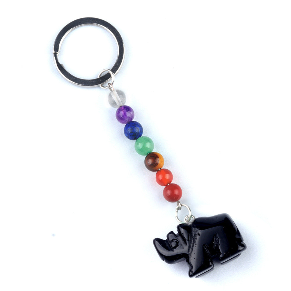 1960-Colorful crystal stone rhinoceros keychain, chakra jewelry pendant, small animal keychain pendant