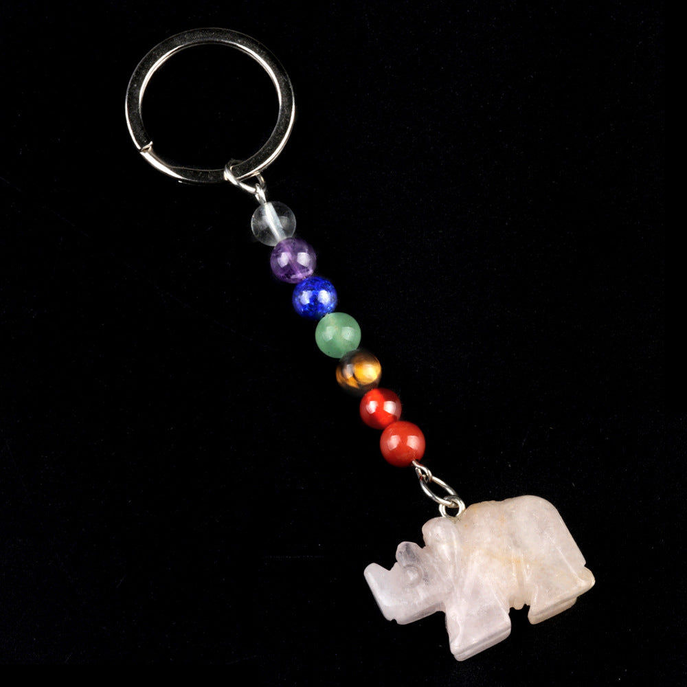 1960-Colorful crystal stone rhinoceros keychain, chakra jewelry pendant, small animal keychain pendant