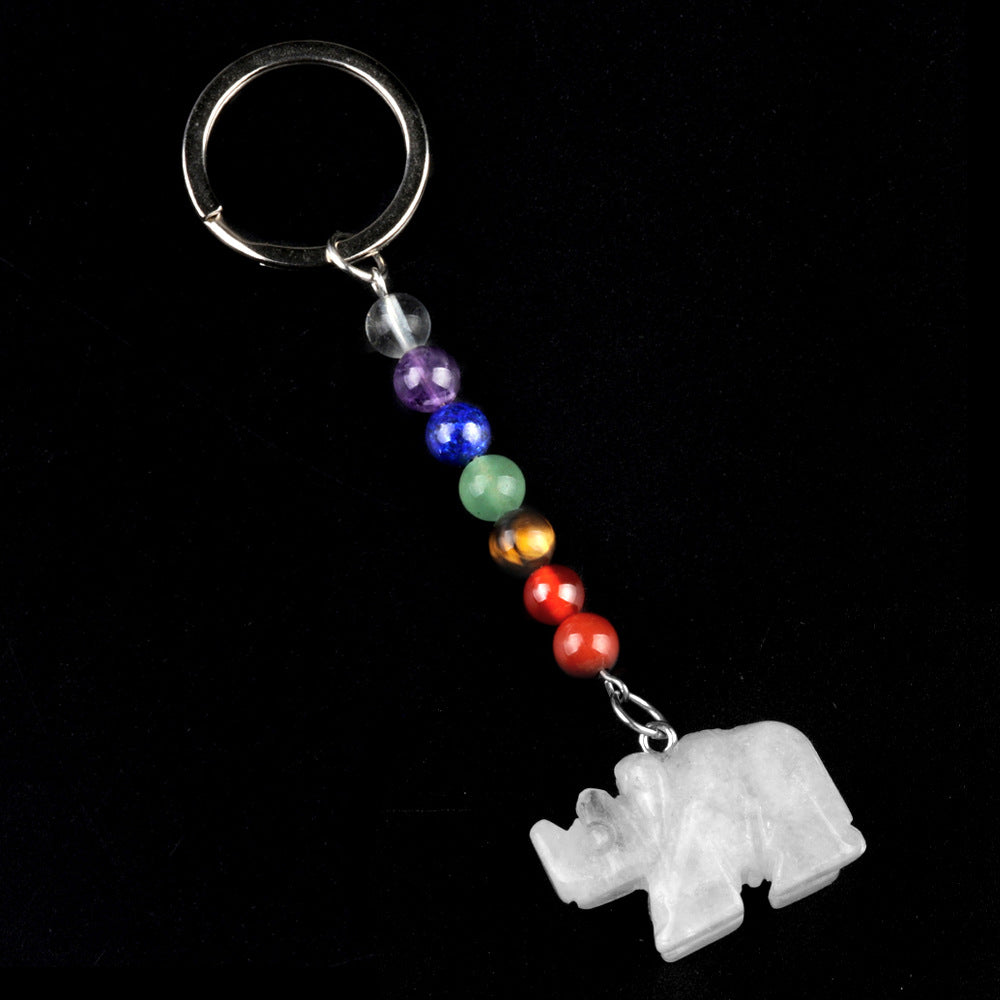 1960-Colorful crystal stone rhinoceros keychain, chakra jewelry pendant, small animal keychain pendant