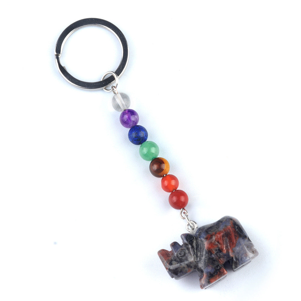 1960-Colorful crystal stone rhinoceros keychain, chakra jewelry pendant, small animal keychain pendant