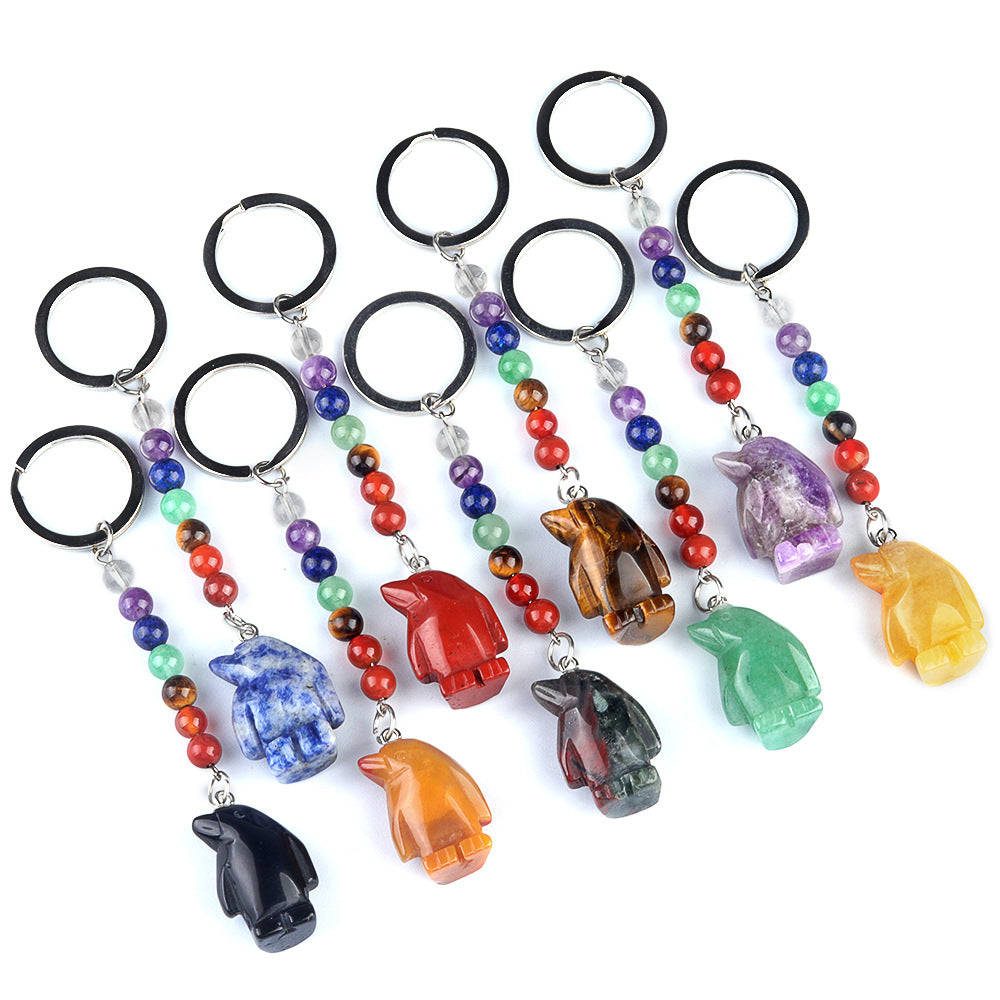 1961-Colorful crystal stone penguin keychain, chakra jewelry pendant, small animal keychain pendant