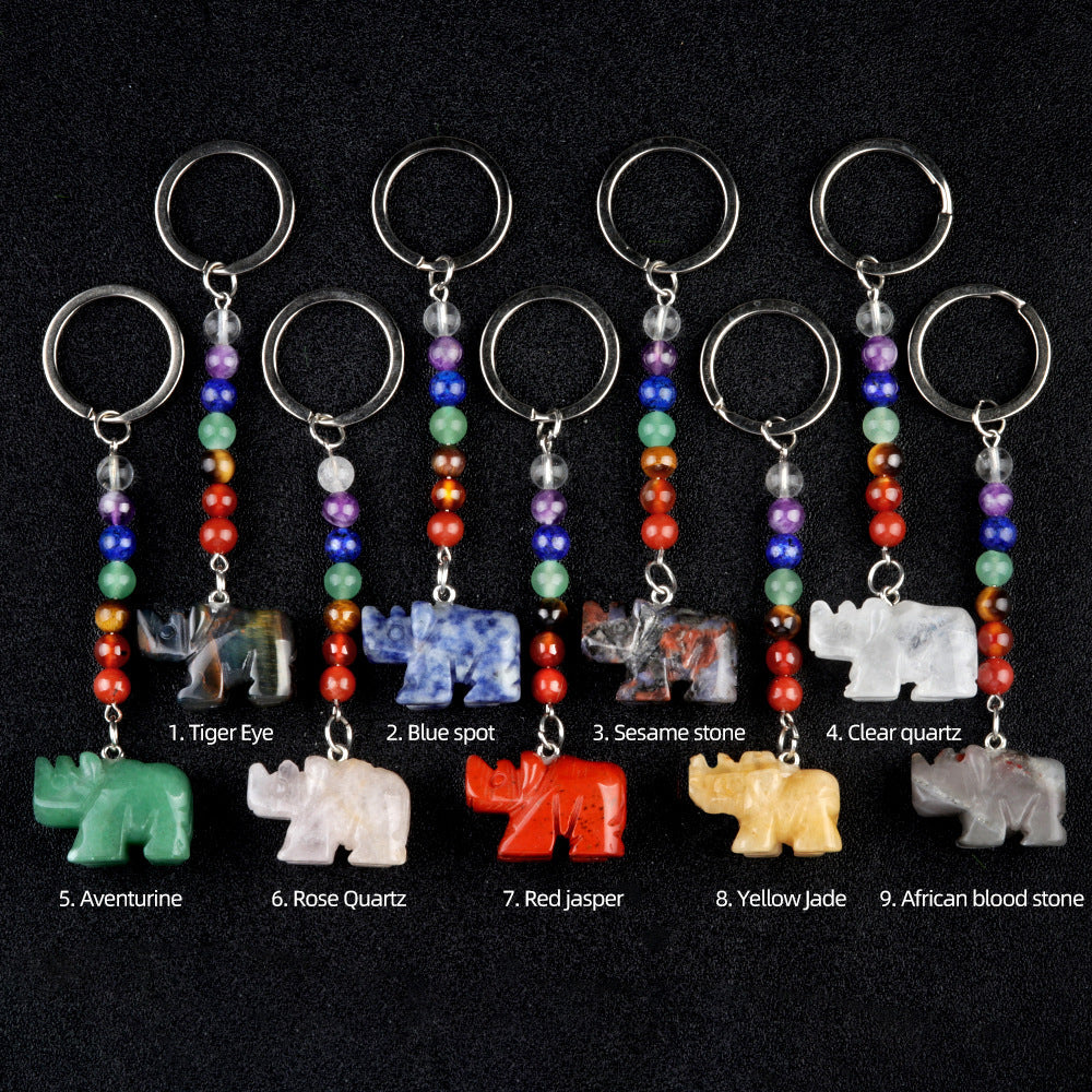 1960-Colorful crystal stone rhinoceros keychain, chakra jewelry pendant, small animal keychain pendant