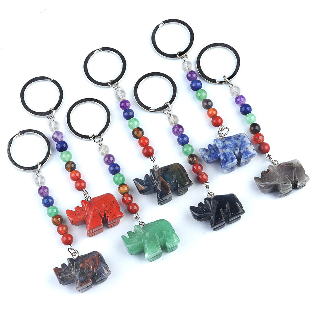 1960-Colorful crystal stone rhinoceros keychain, chakra jewelry pendant, small animal keychain pendant