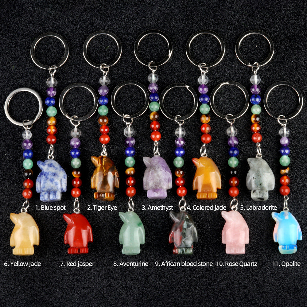1961-Colorful crystal stone penguin keychain, chakra jewelry pendant, small animal keychain pendant