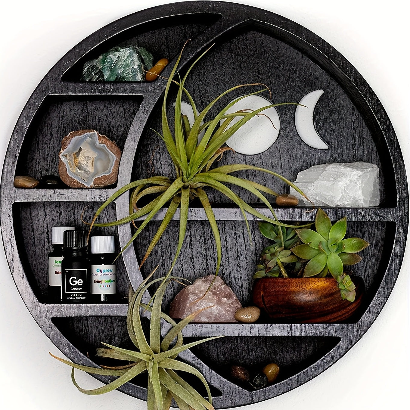 1pc Crescent Moon Shelf For Crystal Stones, Essential Oils, Small Plants And Art, Crystal Display Shelf, Gothic Wall Decor, Rustic Boho Shelves, Wooden Hanging Floating Shelf (Black)